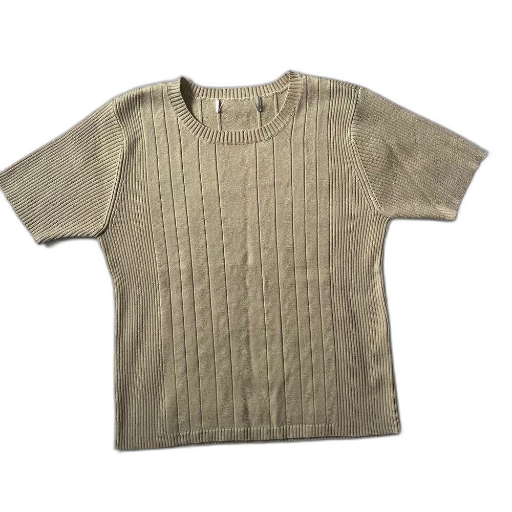Ribbed Sweater Beige Tan Short Sleeve Classic Career Business Casual Size S/M